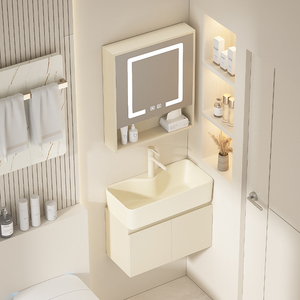 Gabinete de baño montado en la pared de madera gruesa multicapa de viento crema personalizado combinación tocador <span class=keywords><strong>lavabo</strong></span> de tamaño <span class=keywords><strong>pequeño</strong></span> - Product Image 1