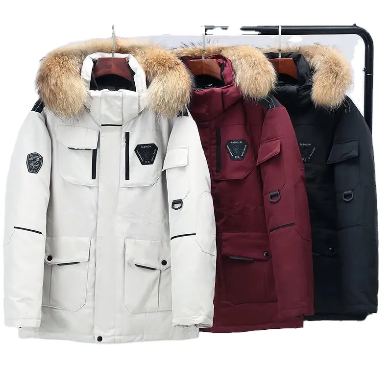 Warm White Duck Down Parka Mens Winter Jacket Multi-pocket Hooded Jacket Male Casual Fur Trim Men's Mid-length Coat