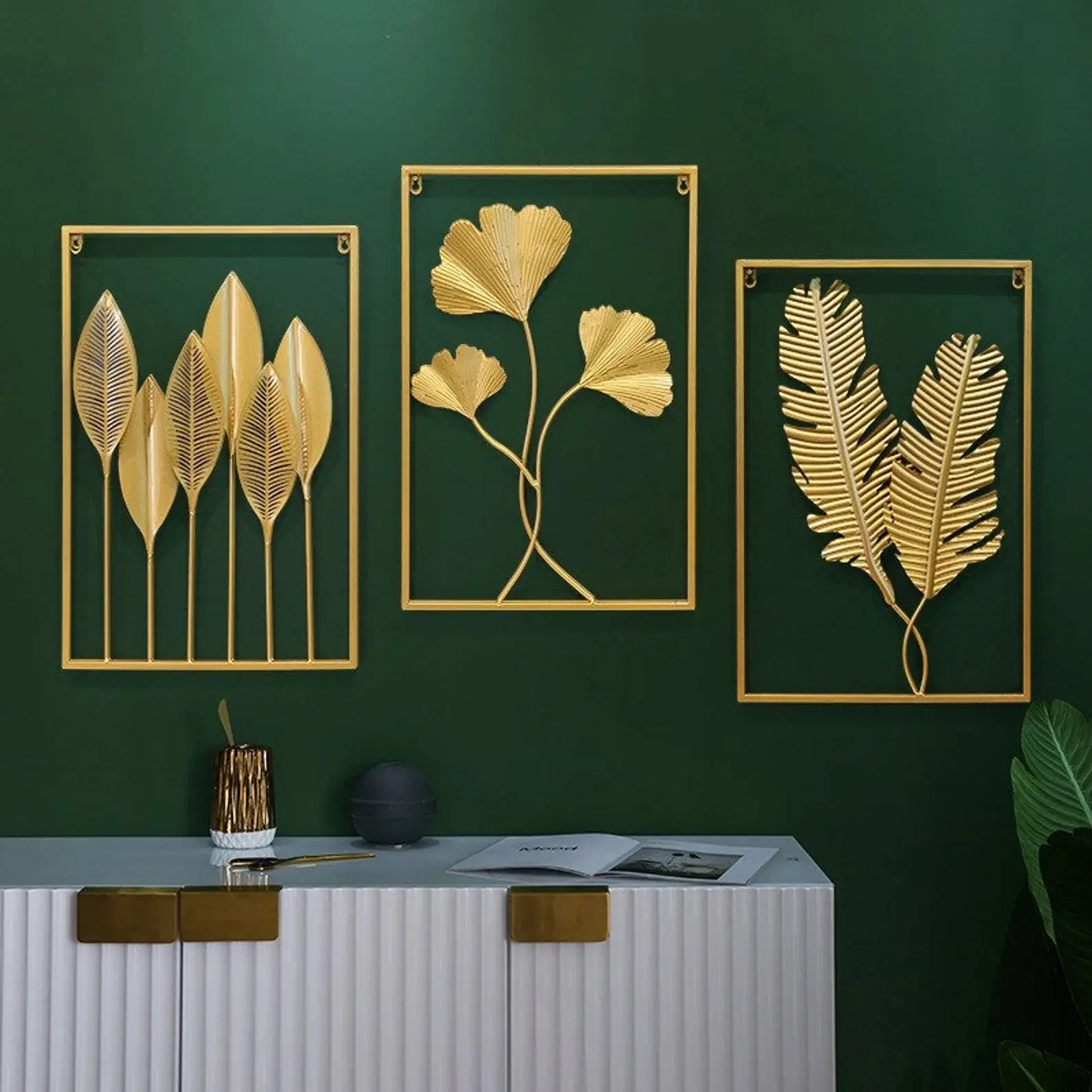 Arte de parede retangular de metal dourado, arte de parede retangular da sala de estar, 3 painéis