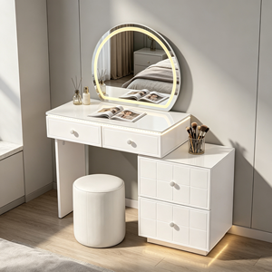 Nuevo Set de Tocador con Cajones y Panel de Rejilla, Espejo Redondo con Luz LED, Taburete Cilíndrico Desmontable, Mesa de Maquillaje Blanca para Dormitorio - Product Image 4