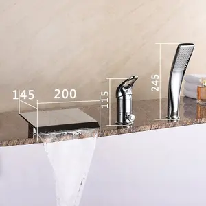 Bath room 3 holes 1 handle with hand shower chrome waterfall bathtub faucet deck mount filler mixer tap