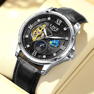 Reloj Mecánico Automático LIGE para Hombre, Cristal de Zafiro, 42 mm, Cronógrafo, Correa de Cuero Plateada y Negra, Fase Lunar, Tourbillon - Product Image 1
