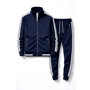 Conjunto Deportivo Azul Marino para Hombre, 2 Piezas, Chaqueta con Cierre y Cuello Alto, Pantalones con Rayas Blancas, Estilo Deportivo con Bloques de Color, Primavera - Product Image 1