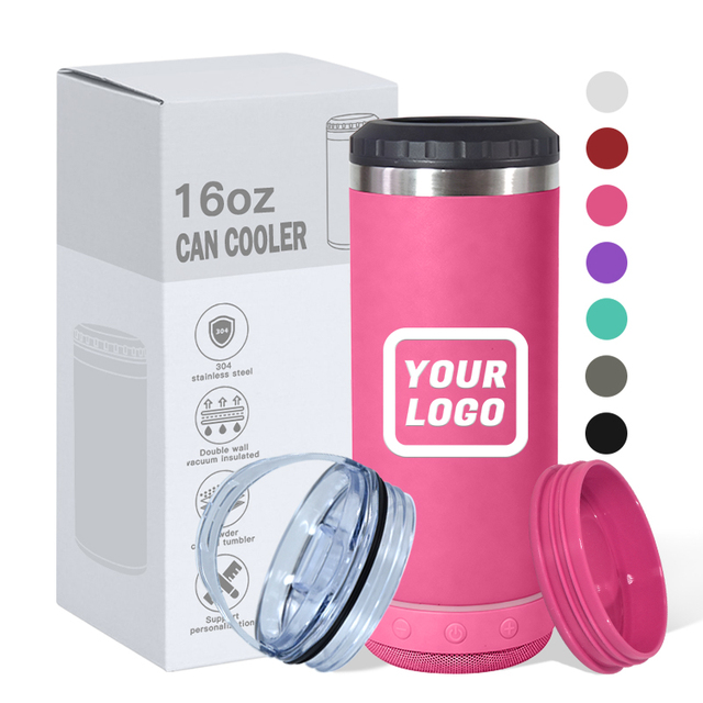 Custom 16 oz 4 in 1 Cooler Can Smart Speaker 16oz Stainless Steel Powder Coated Wireless Speaker Music Tumbler