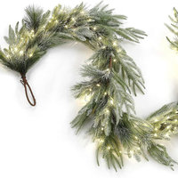 Guirlande de Noël pré-éclairée en pin floqué avec lumières LED, flexible, verdure enneigée, imperméable, pour extérieur, porche, rampe d'escalier