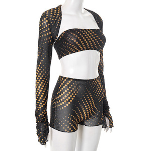 ZHEZHE Completo da <span class=keywords><strong>Donna</strong></span> 3 Pezzi Sexy con Stampa a Pois, Top a Fascia Senza Spalline con Maniche Lunghe in Rete, Shorts Sopra il Ginocchio, Coordinato Trendy - Product Image 3