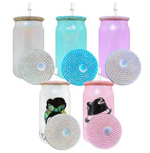 Bouteille en verre blanc scintillant de 15 oz et 16 oz avec couvercle orné de strass pour impression par transfert thermique par sublimation, logo personnalisé - Product Image 1