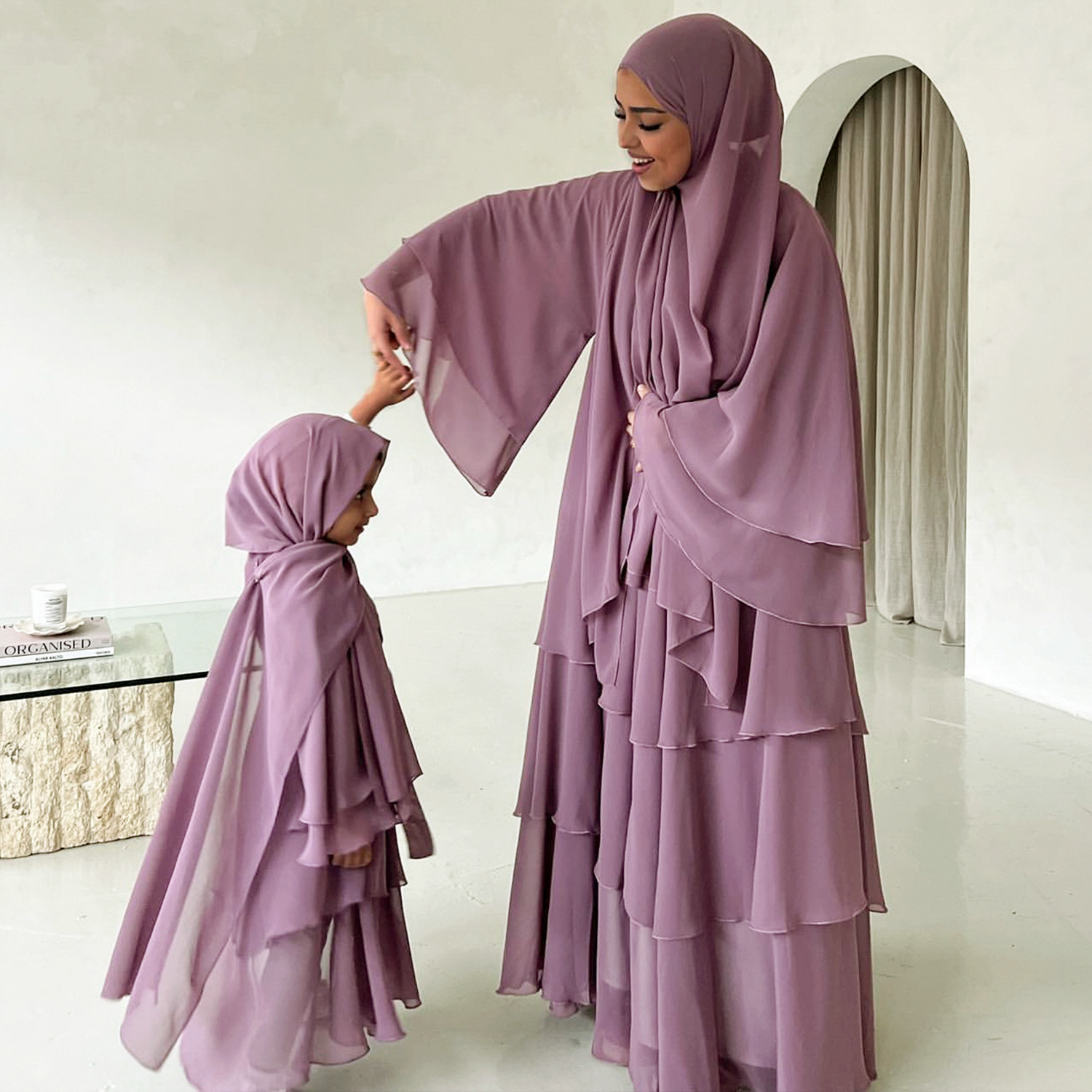 white christmas dresses Taala Satin Layered Open Abaya with Hijab - CLEARANCE NO RETURN main image 0