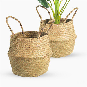 Herbe de mer avec couvercle panier tissé en rotin pas cher panier en osier mur fruits grande étagère de transport blanche petit ventre plante ensemble 3 ronds - Product Image 1
