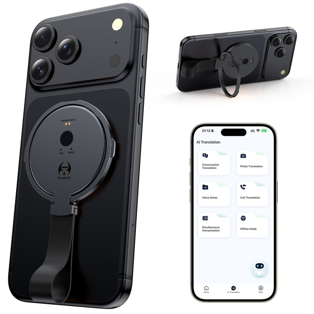 AI Smart Translator Device Black 146 Language Offline Online Interpretation Cross App Translation Wireless Portable Travel Tool