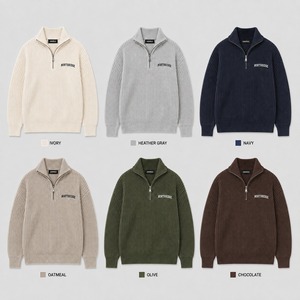 Suéter de punto unisex personalizado estilo vintage con cremallera de un cuarto, suéter unisex de punto gofrado color crema con bordado, jersey holgado de punto estilo urbano - Product Image 4