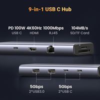 UGREEN Revodok Hub USB C 9 en 1, Adaptador Gigabit Ethernet, 4K a 60Hz, Carga PD de 100W, Puertos de Datos USB A y C, Lector de Tarjetas SD/TF