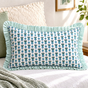 RIDHI Aqua Blue Ruffle <b>Lumbar</b> Pillow Cover Set Hand Block Print Floral Cotton Customizable Removable Machine Washable - Product Image 1