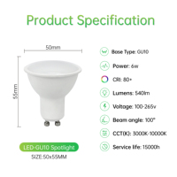 Ampoule LED GU10 6W, projecteur à haute luminosité, intensité variable, 100-265V, pour éclairage encastré, éclairage sur rail
