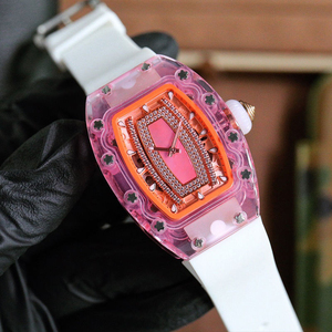 Premium Fashion Tonneau <b>Watch</b> Pink Crystal Construction with Diamond Dial and White <b>Rubber</b> Band - Product Image 3