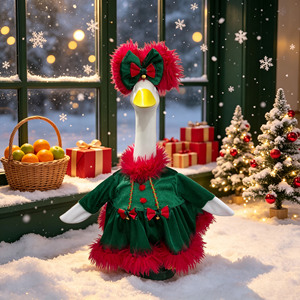 Costume de Noël pour oie avec nœud et bordure en fourrure, décoration de vacances pour statue d'oie de jardin - Product Image 4