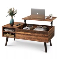 Table basse rustique en bois avec plateau relevable, grand compartiment de rangement dissimulé, étagère latérale ouverte, table de salon minimaliste pour la maison