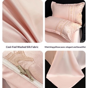 Parure de lit de luxe légère en soie glacée brodée quatre pièces pour l'été, comprenant housse de couette, drap et ensemble de literie en soie et coton haut de gamme - Product Image 4