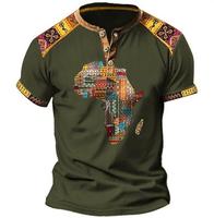 Camiseta de Manga Corta con Estampado 3D de Mapa Africano, Estilo Étnico para Hombre, con 3 Botones, Estilo Henry, Informal