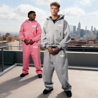 Ensemble survêtement molletonné épais et ample pour homme avec logo brodé personnalisé, bordure réfléchissante, sweat à capuche zippé et pantalon de jogging