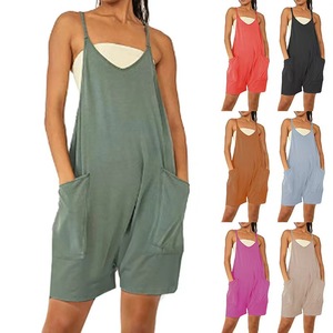 2026 Women Casual Loose Sleeveless Strap Plus Size Popular Zipper Pockets Suspender Pants Short Jumpsuits With Pockets - Product Image 1