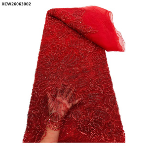 Tissu de dentelle de luxe avec perles de cristal, broderie orange brûlé, tulle africain et sequins perlés - Product Image 2
