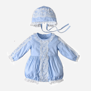 Kustom piyama rajutan katun butik setelan tidur biru muda lengan panjang Spanyol dengan topi untuk bayi perempuan - Product Image 1