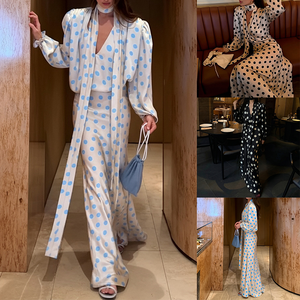 Elegante Abito Retrò con Stampa a <span class=keywords><strong>Pois</strong></span> per Donne, Maniche Lunghe, Scollo a V, Design con Orlo in Pizzo, per Feste, Appuntamenti, Abbigliamento Casual, MOQ 1 - Product Image 2