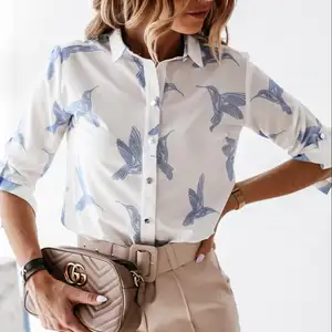 Gömlek üreticileri fransız tarzı kadın düğme aşağı yarım kollu bayanlar baskılı rahat kadınlar tops gömlek bluzlar