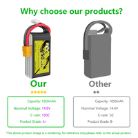 Batterie semi-solide haute performance 14,8 V 1050 mAh 160C 4S1P 168 A avec connecteur XT60 pour drone FPV, voiture RC, CE UN38.3