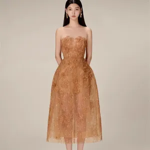 Роскошное кружевное платье вьетнамский дизайнер темперамент трехмерный цветок блестки перспектива груди длинное платье