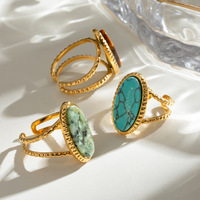 Bague élégante en pierre naturelle avec bagues en pierre précieuse turquoise au design ovale réglable en acier inoxydable or 18 carats