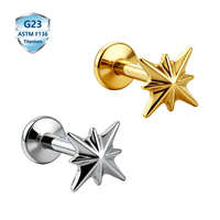 Trendy ASTM F136 Titanium Star-Shaped Labret Lip Stud Internal Thread Body Piercing Jewelry Flat Black Rod