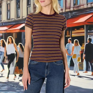Women's Short Sleeve T-<b>shirt</b> Striped Silk/Cotton Thin Fit Eco-Friendly Trendy & Versatile - Product Image 2