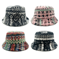 Topi Bucket Wanita Landfond Aksesoris Retro Motif Fair Isle, Tebal, Hangat, Vintage, Jacquard, Bulu Halus
