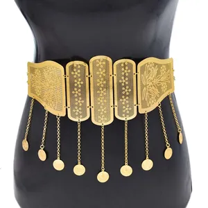 Gold Hollow Carved Coin Tassel Waist Chain Body Chain Women Belt Indian Thailand Party Body Jewelry
