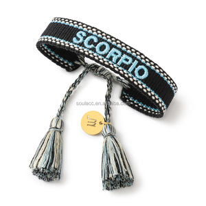 Custom High Quality Handmade Braided Adjustable Bohemia Style <strong>Fabric</strong> Embroidery <strong>Constellations</strong> Tassel Friendship Bracelet