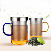 Tasse à thé en verre borosilicate de 450ml avec infuseurs à thé en acier inoxydable avec couvercle poignée colorée pour le ménage