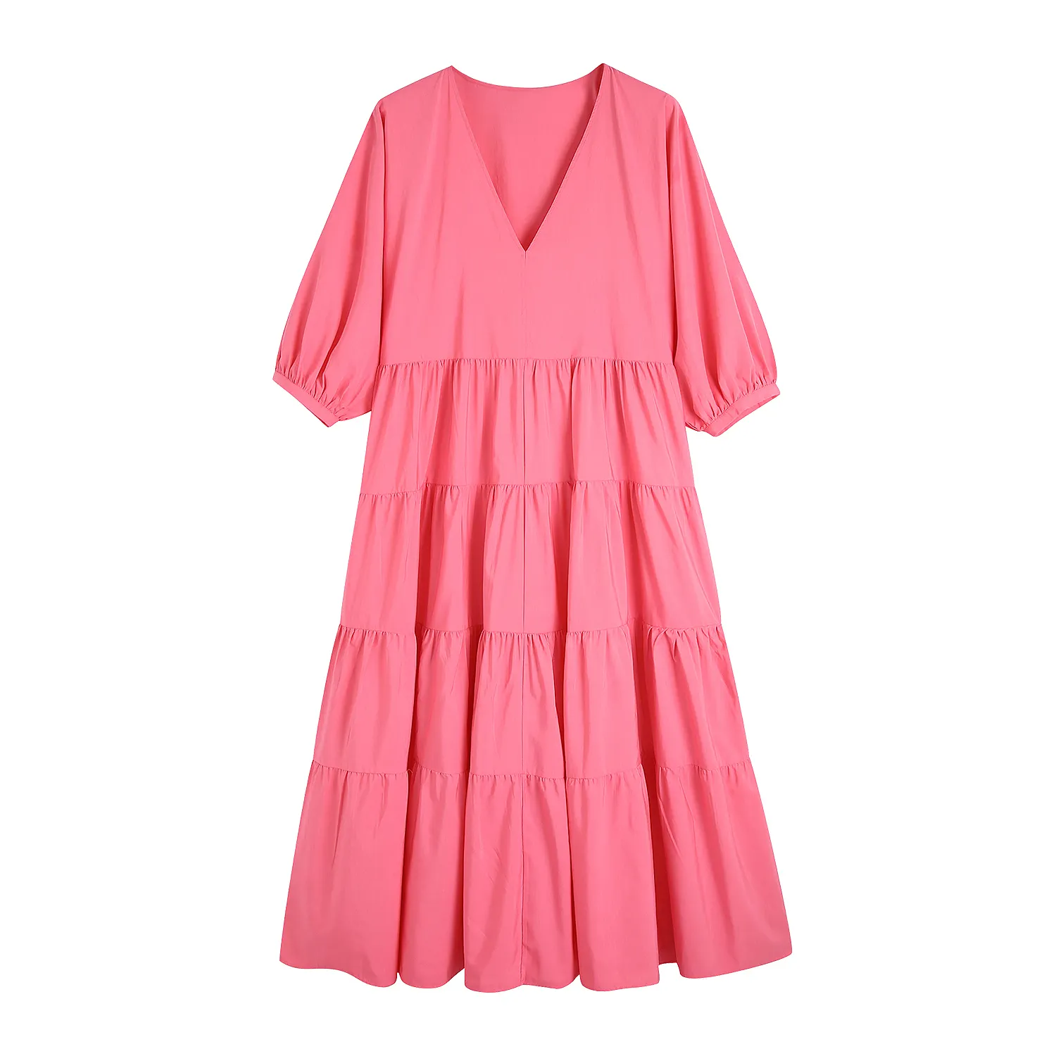Casual Dresses New New Fashion V Neck Short Sleeve Rose Color Women Casual Long Maxi Summer Dress