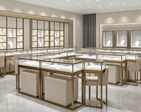 Ensemble de comptoirs de présentation de bijoux de luxe GZowin avec dimensions personnalisables, verre trempé, éclairage LED, finition dorée pour les magasins de détail