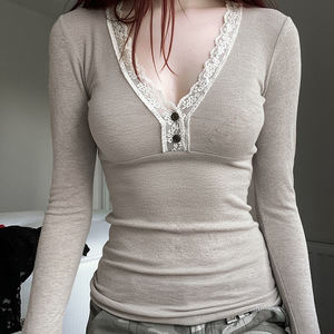 Camiseta de Manga Larga con Cuello en V, Estilo Vintage, Ajustada, con Encaje Francés y Parches, para Primavera y Otoño - Product Image 4