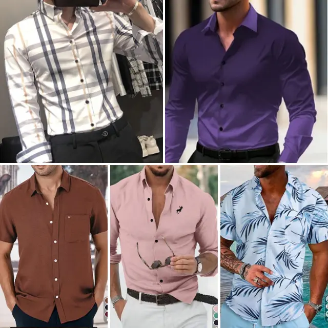 Camisa de manga comprida de lazer masculina com botão de gola redonda e manga curta, camisa xadrez de estilo, enviada aleatoriamente