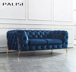 Set di divani europei 123 Set di mobili per divani in Villa leggera gambe dorate divano moderno in velluto blu trapuntato divano del soggiorno