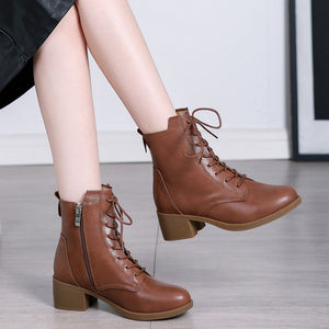 รองเท้าบูทผู้หญิงหนังวัวคุณภาพสูง บุขนนุ่ม ซิปหนา ดีไซน์ผูกเชือก สวมใส่สบาย ทนทานต่อการสึกหรอ เหมาะสำหรับฤดูใบไม้ผลิและฤดูใบไม้ร่วง - Product Image 4