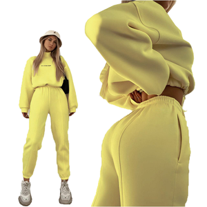 Ensemble de survêtement en molleton jaune pour femmes, 2 pièces, col roulé, manches longues, coupe ample, décontracté, toutes saisons, couleur unie, pantalon de jogging - Product Image 1