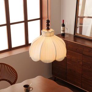 Lustre artisanal à pampilles en <span class=keywords><strong>tissu</strong></span> plissé, triple <span class=keywords><strong>boule</strong></span> de bois, style rétro Wabi-sabi, lampe suspendue en forme de fleur pour crème française - Product Image 2