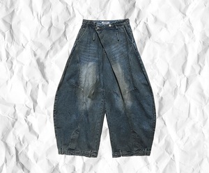 <strong>Women</strong> Asymmetrical Wrap High Waist <strong>Baggy</strong> Wide Leg Jeans Vintage Washed Panel Seam Oversized Y2K Streetwear Denim <strong>Trousers</strong> - Product Image 6