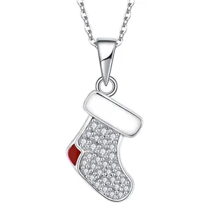 High Quality 925 Sterling Silver Pendant Children Red 5A Cubic Zirconia Christmas Sock Kids Pendant Charm For Jewellery