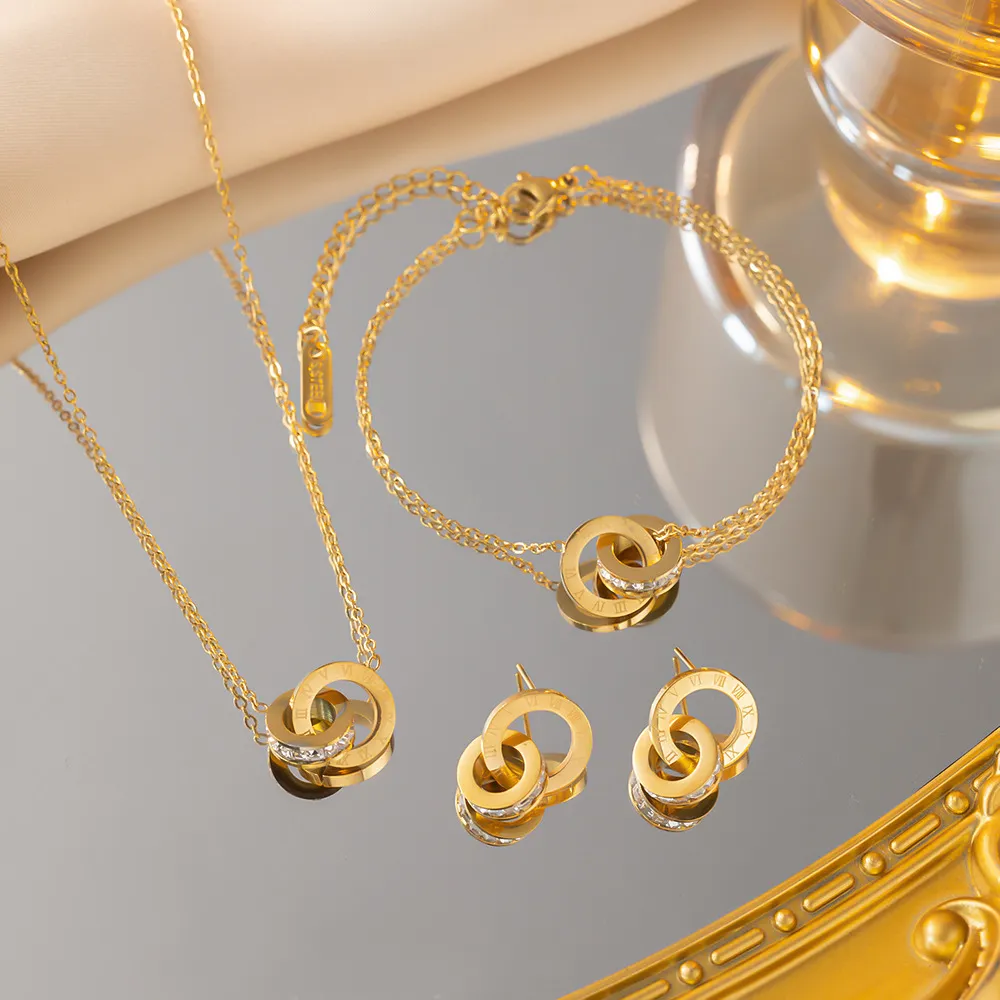 Conjunto de joias de zircônia com algarismos romanos, pulseira de ouro e aço inoxidável, joia dupla de ouro, colar de ouro e aço inoxidável, ideal para noivas, novidade em 2024, imperdível