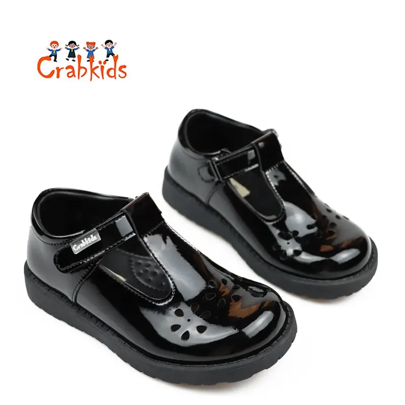 Crabkids Babyhappy Sapatos de couro para crianças, sapatos pretos para estudantes e estudantes, calçados de fábrica de qualidade para crianças, patenteados por Mary Jane